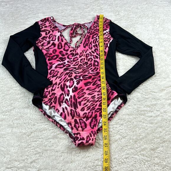 Y Customs Swimsuit long sleeved pink leopard one piece suit, size large - Picture 3 of 11